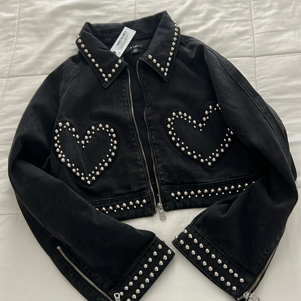 Nasty Gal black denim jacket with studded heart